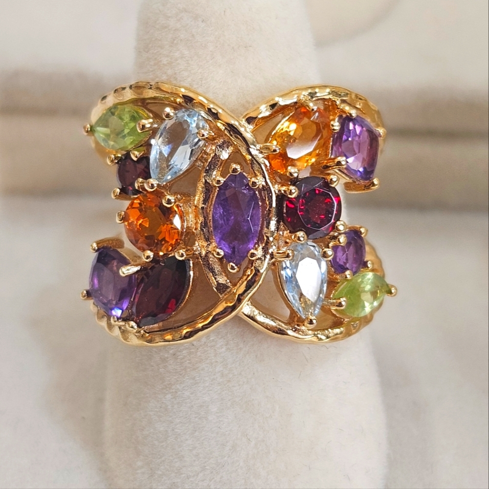 Sterling Silver Vermeil Gold Multicolor Gemstone Cluster Ring Size 6 US